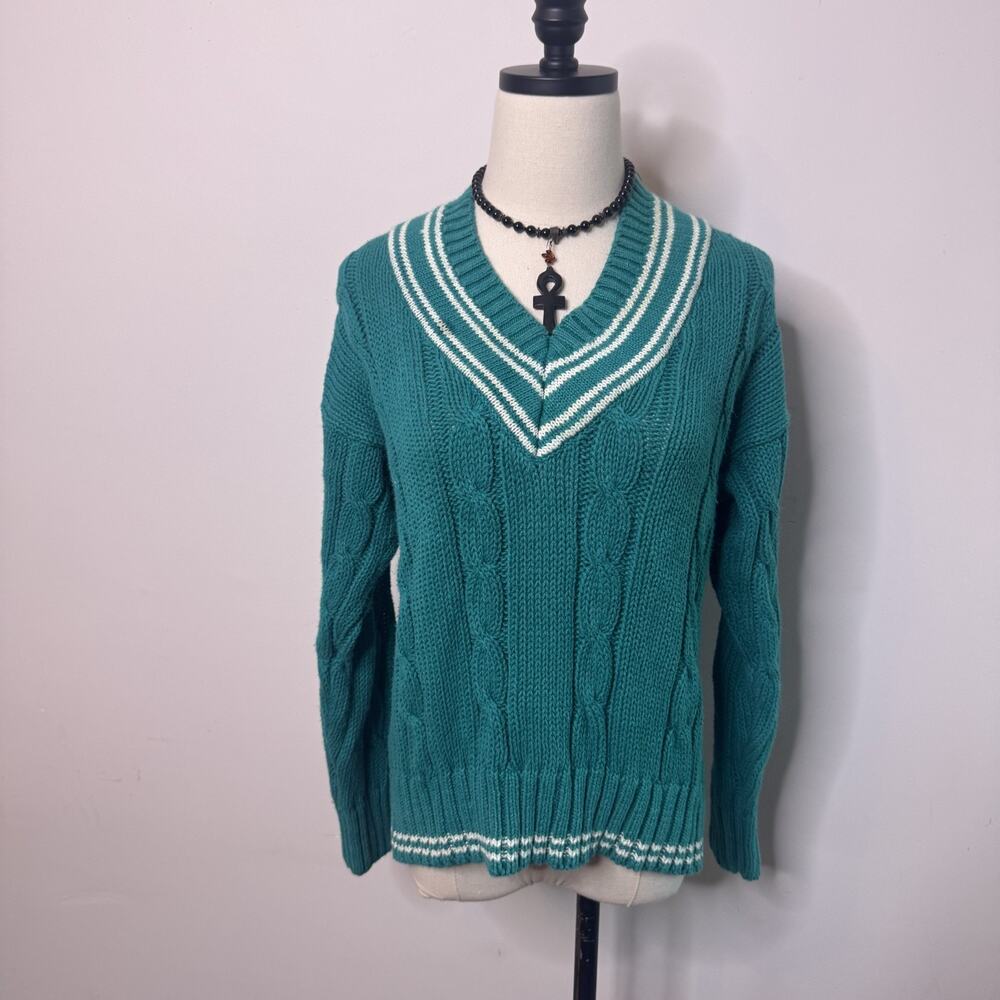 Vintage 90s Aqua Chunky V Neck Sweater • Preppy Academia Alt Girl Grunge S